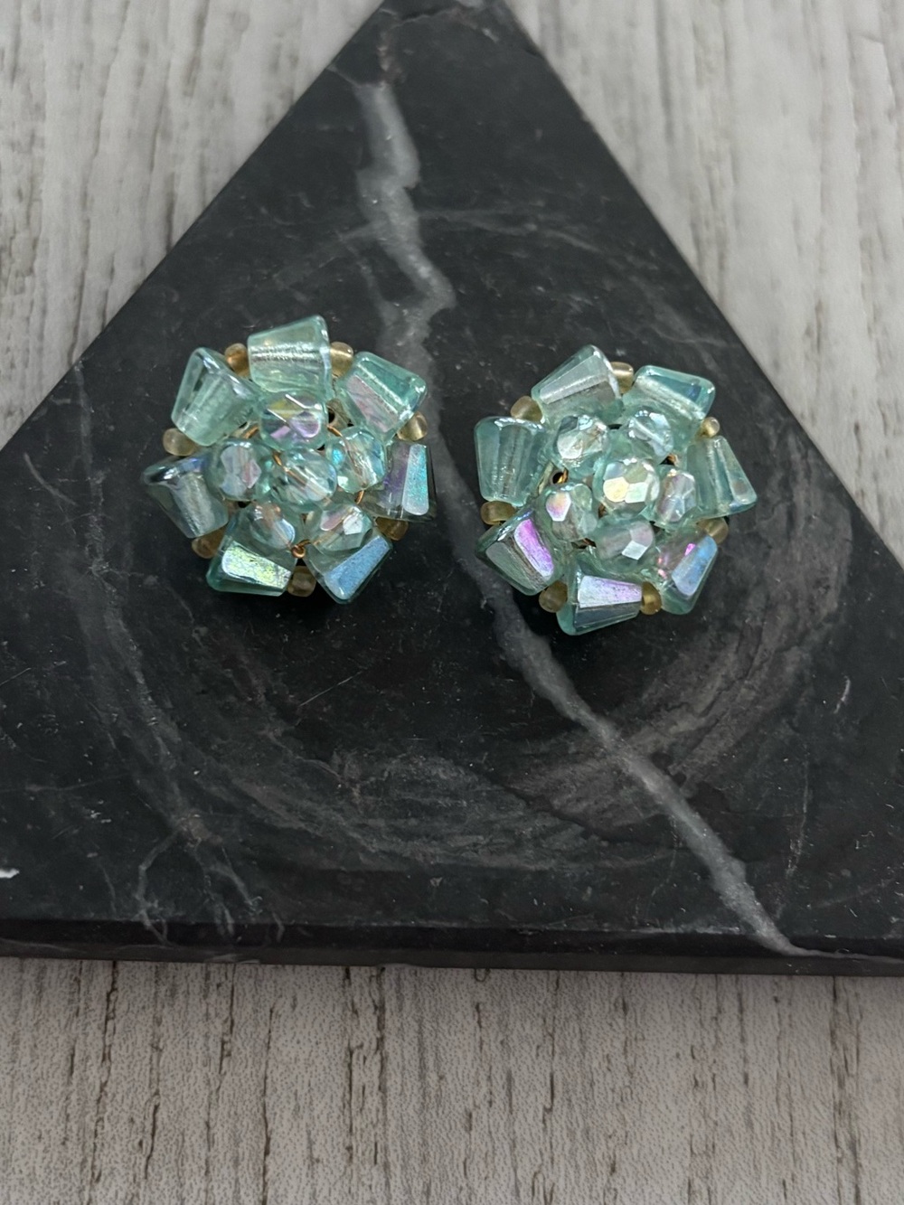 Vintage earrings in spectacular mid century beading. Clip on in EUC.